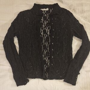 ANNE FONTAINE Paris Shirt 3 Black Floral Lace Long Sleeve Button Down Top Large